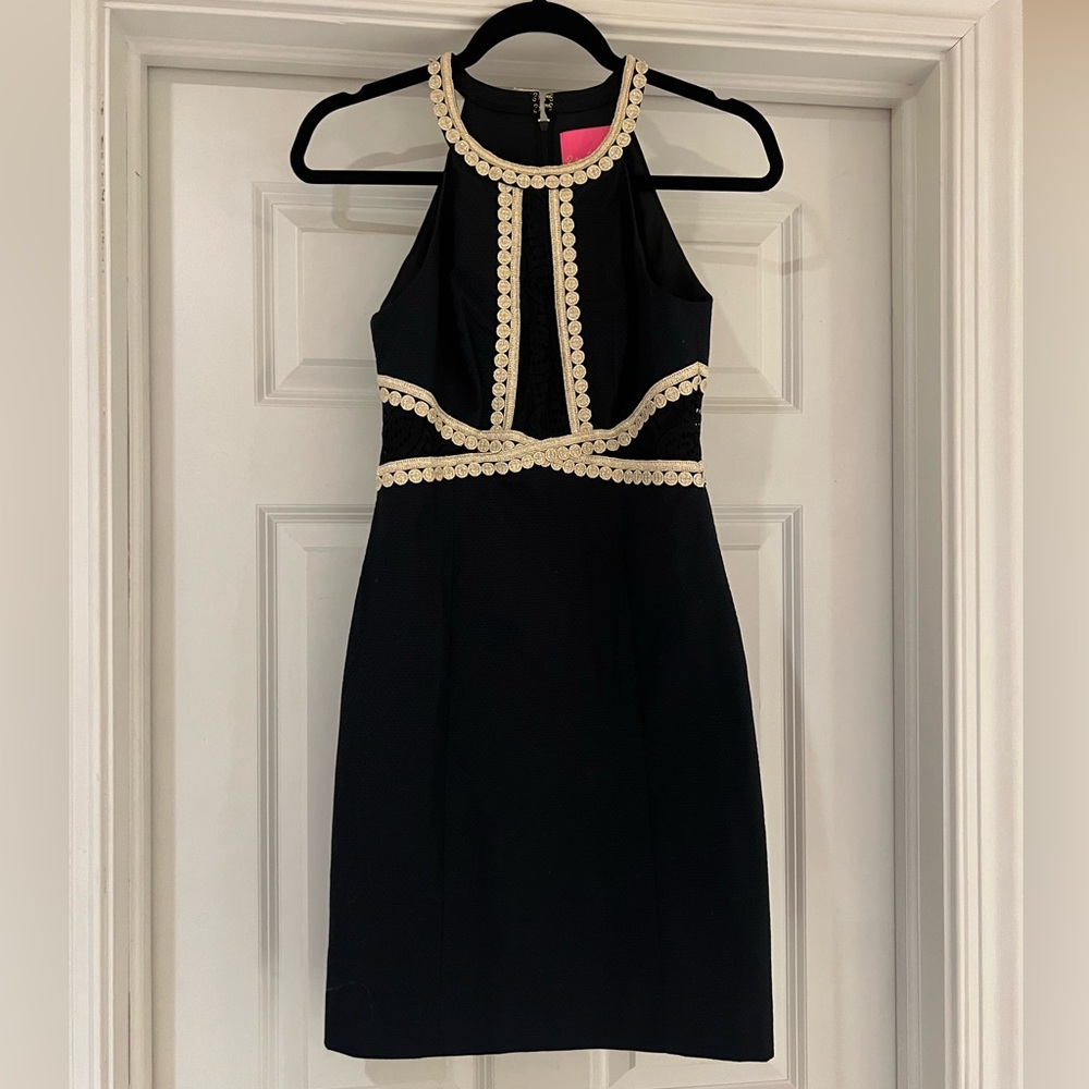 NWT Lilly Pulitzer Layne Stretch Shift Dress Onyx Black Gold Accents 00 - Picture 2 of 4